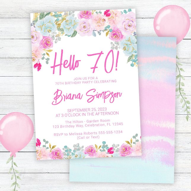 Pink Blue Peach Purple Floral 70th Birthday Party Invitation (Creator Uploaded)