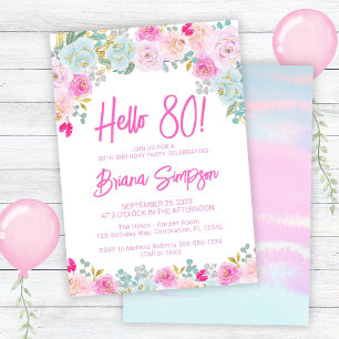Pink Blue Peach Purple Floral 80th Birthday Party Invitation