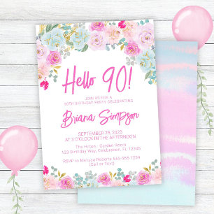 Pink Blue Peach Purple Floral 90th Birthday Party Invitation