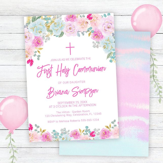 Pink Blue Peach Purple Floral First Holy Communion Invitation (Creator Uploaded)