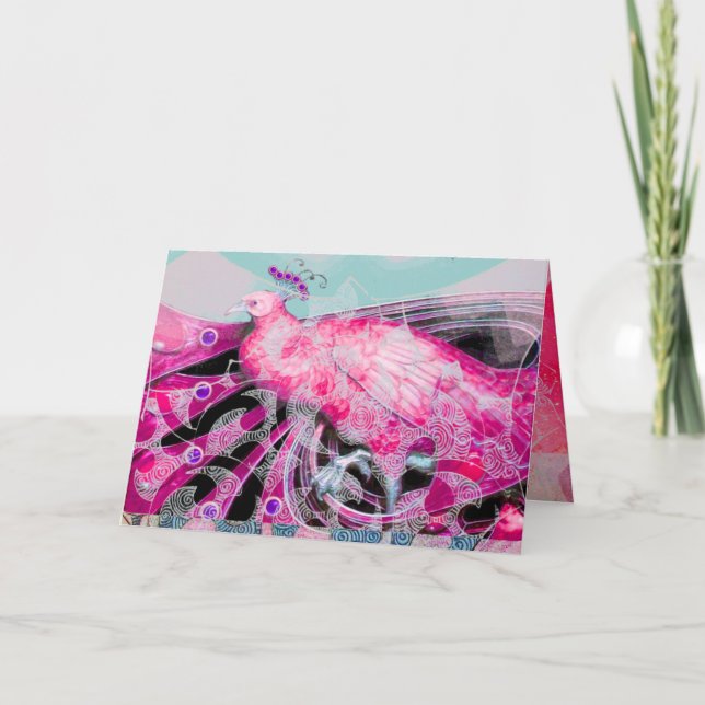 PINK BLUE PEACOCK WITH FLORAL AND GEOMETRIC SWIRLS HOLIDAY CARD (Front)