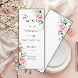 Pink Blue Peonies Floral Elegant Wedding Menu