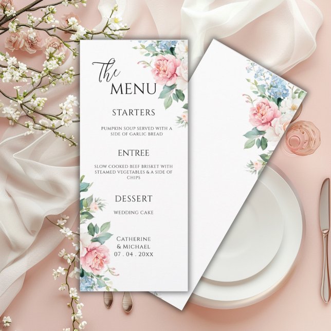 Pink Blue Peonies Floral Elegant Wedding Menu (Creator Uploaded)