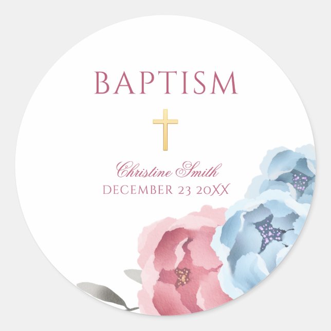 Pink Blue Peony Floral Boy Girl Baptism Classic Round Sticker (Front)