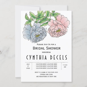 Pink blue peony flowers wedding bridal shower invitation
