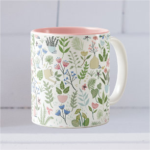 Pink Blue Potted Plants Flowers Greenery Two-Tone Coffee Mug