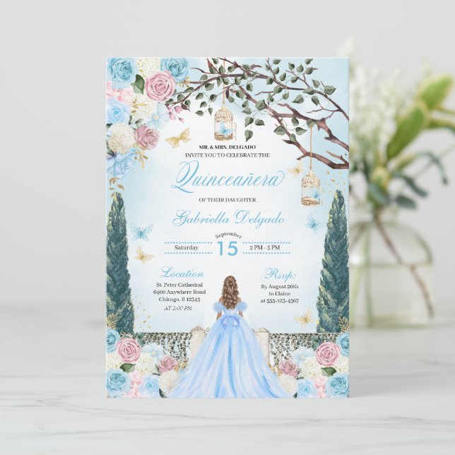 Pink & Blue Princess Enchanted Garden Quinceanera Invitation (Standing Front)