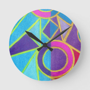 Pink Blue Purple Abstract Art Geometric Design Round Clock