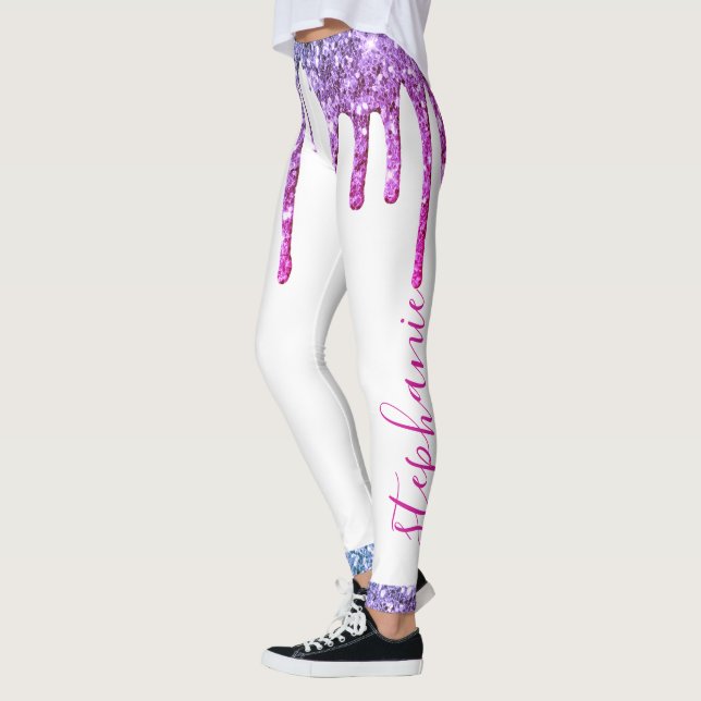 Pink Blue purple dripping glitter custom name Leggings (Left)