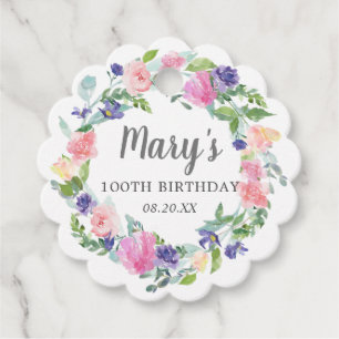 Pink Blue Purple Floral 100th Birthday Favour Tags