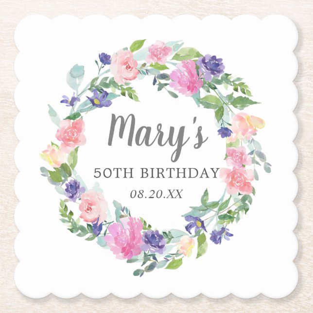 Pink Blue Purple Floral 50th Birthday Paper Coaster (Front)