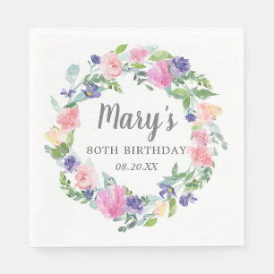 Pink Blue Purple Floral 80th Birthday Napkin