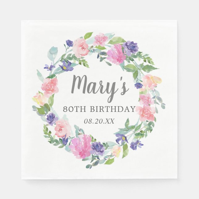 Pink Blue Purple Floral 80th Birthday Napkin (Front)