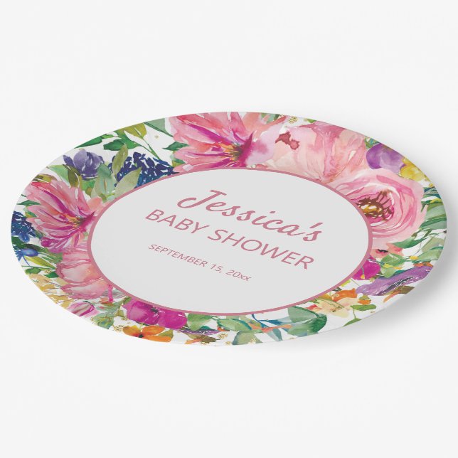 Pink Blue Purple Floral White Gold Baby Shower Paper Plate (Angled)