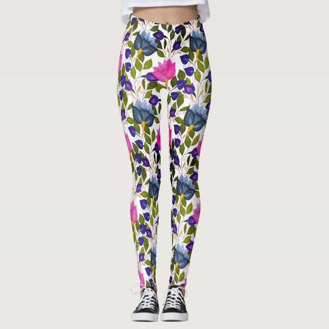 Pink Blue Purple Green Flowers And Swirl White Leggings (Front)