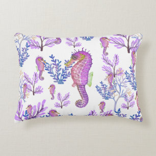 Pink Blue Purple Seahorse Coral Beachy Coastal Decorative Cushion
