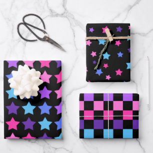 PINK BLUE PURPLE STARS & CHECK PATTERNS WRAPPING PAPER SHEET