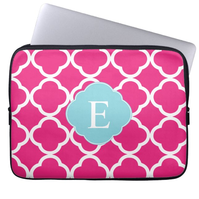 Pink Blue Quatrefoil Monogram Laptop Sleeve (Front)