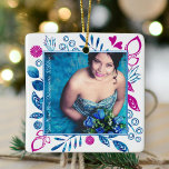 Pink, Blue Quinceanera Christmas Photo Ornament<br><div class="desc">A perfect personalised custom Christmas ornament to commemorate a special celebration. Pink and aquamarine details surround your photo as a decorative border. This quinceanera gift ornament comes in other colour variations and shapes. This design is ideal for a Cinderella Princess quinceanera, but is also versatile for a winter or spring...</div>