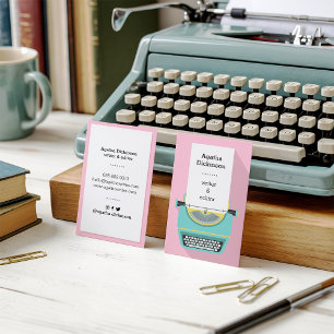Pink blue retro typewriter professional writer business card