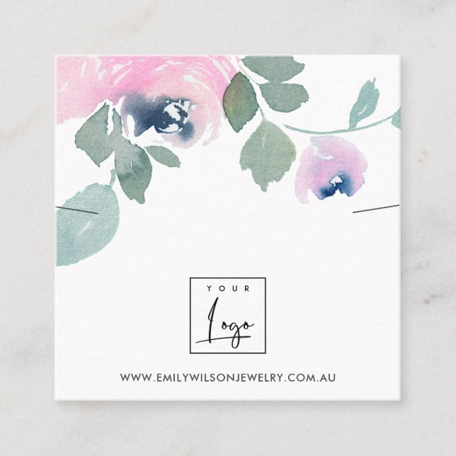 PINK BLUE ROSE FLORAL BRACELET NECKLACE DISPLAY SQUARE BUSINESS CARD (Front)