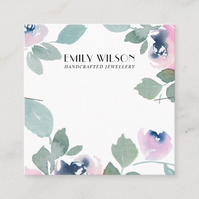 PINK BLUE ROSE FLORAL NECKLACE BRACELET DISPLAY SQUARE BUSINESS CARD (Front)