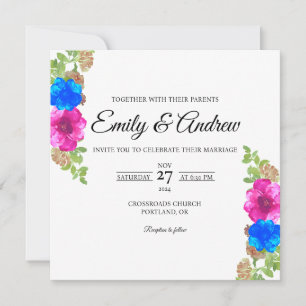 Pink Blue Rose Floral Watercolor Square Wedding Invitation
