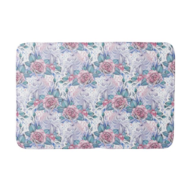 Pink & Blue Rose Pattern Bath Mat (Front)