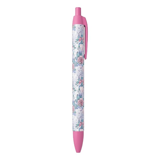 Pink & Blue Rose Pattern Black Ink Pen (Bottom (Vertical))