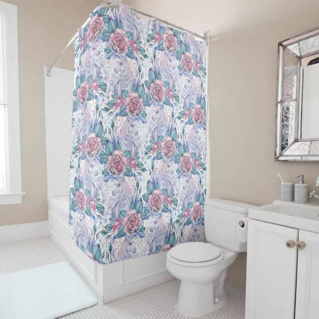 Pink & Blue Rose Pattern Shower Curtain (In Situ)