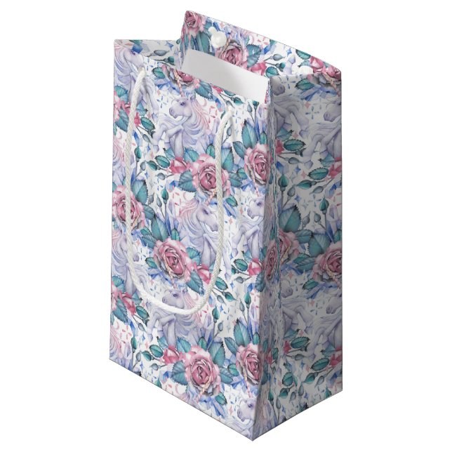 Pink & Blue Rose Pattern Small Gift Bag (Front Angled)