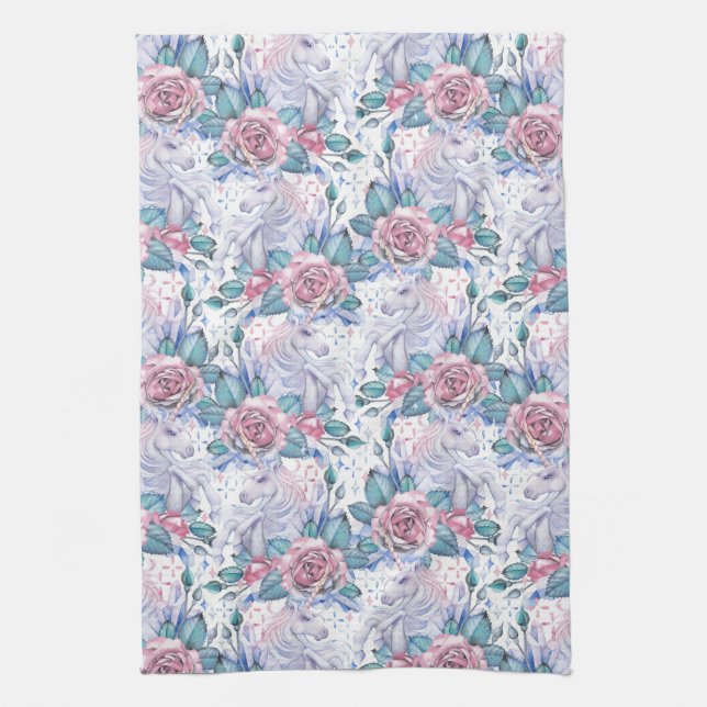 Pink & Blue Rose Pattern Tea Towel (Vertical)