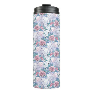 Pink & Blue Rose Pattern Thermal Tumbler