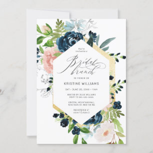 Pink Blue Rose Watercolor Floral Bridal Brunch Invitation