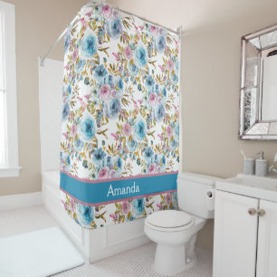 Pink Blue Roses Floral Classy Elegant Flowers Girl Shower Curtain