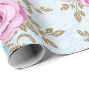 Pink Blue Roses Gold Damask Baroque Antonietta Wrapping Paper