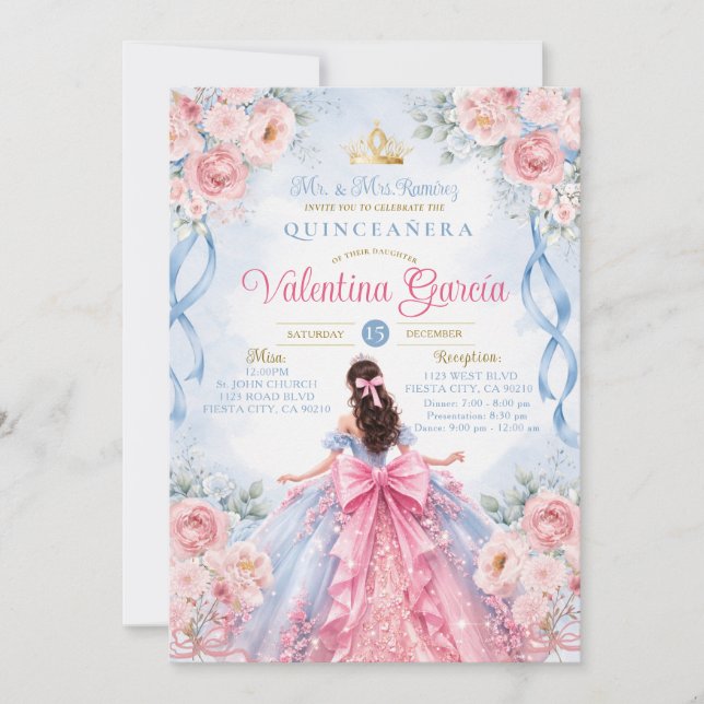 Pink Blue Roses Quinceañera Invitation (Front)