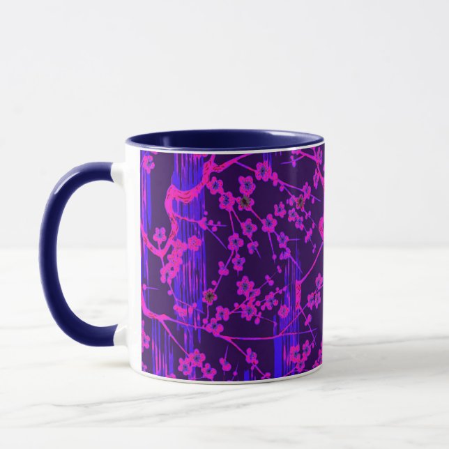 PINK BLUE SAKURA FLOWERS Japanese Floral Pattern Mug (Left)