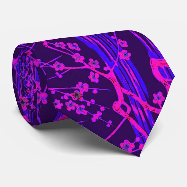 PINK BLUE SAKURA FLOWERS Japanese Floral Pattern Tie (Rolled)