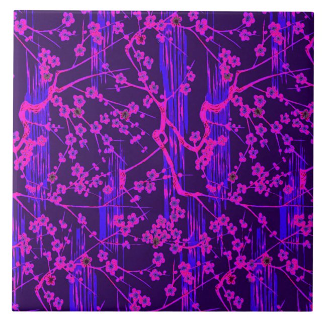 PINK BLUE SAKURA FLOWERS Japanese Floral Pattern Tile (Front)