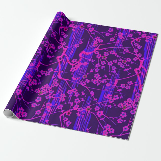 PINK BLUE SAKURA FLOWERS Japanese Floral Pattern Wrapping Paper (Unrolled)