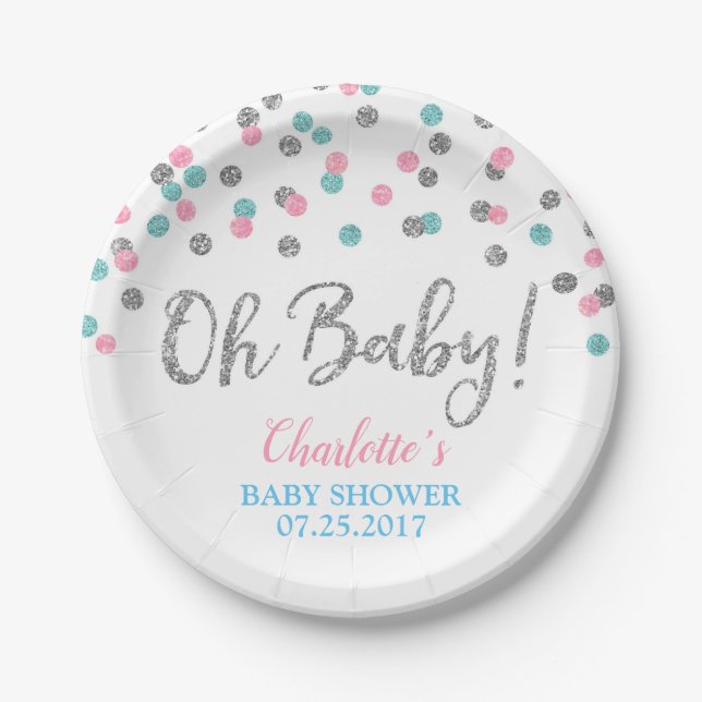 Pink Blue Silver Dots Gender Reveal Baby Shower Paper Plate (Front)
