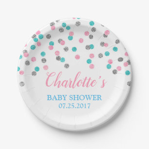 Pink Blue Silver Dots Gender Reveal Baby Shower Paper Plate