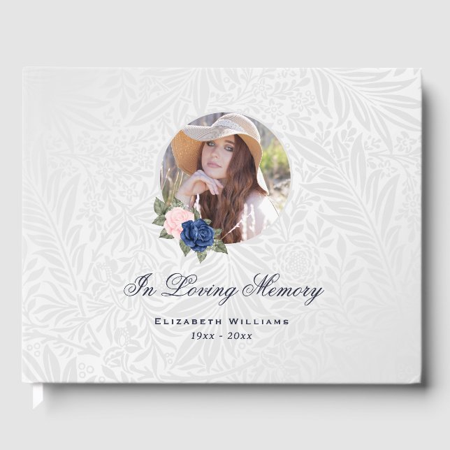 Pink Blue Silver Floral Memorial Funeral Photo Guest Book (Front)