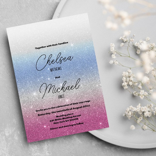 Pink blue silver ombre glam glitter wedding invitation (Pink blue silver ombre glam glitter wedding)