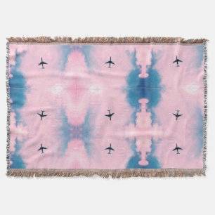Pink Blue Sky Aeroplane Pattern Travel Aesthetic Throw Blanket