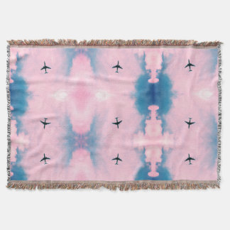 Pink Blue Sky Aeroplane Pattern Travel Aesthetic Throw Blanket