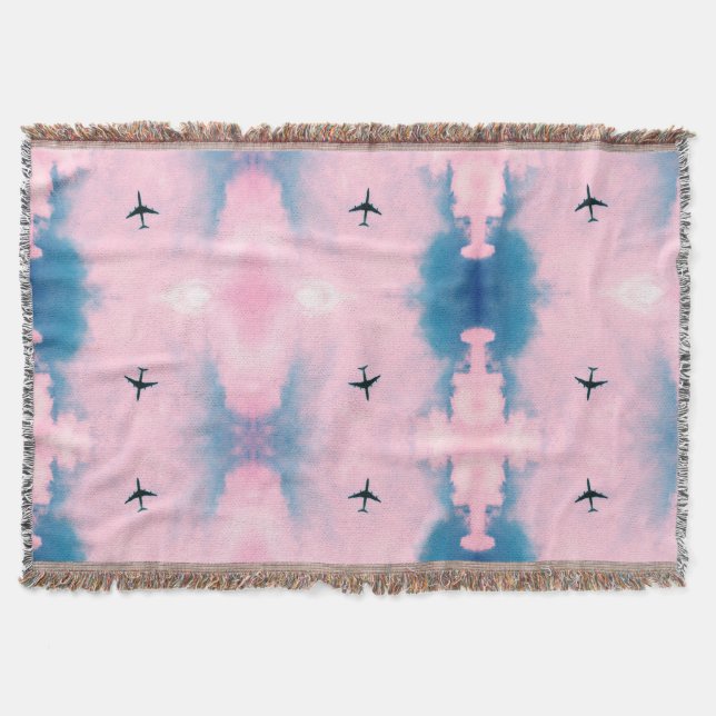 Pink Blue Sky Aeroplane Pattern Travel Aesthetic  Throw Blanket (Front)