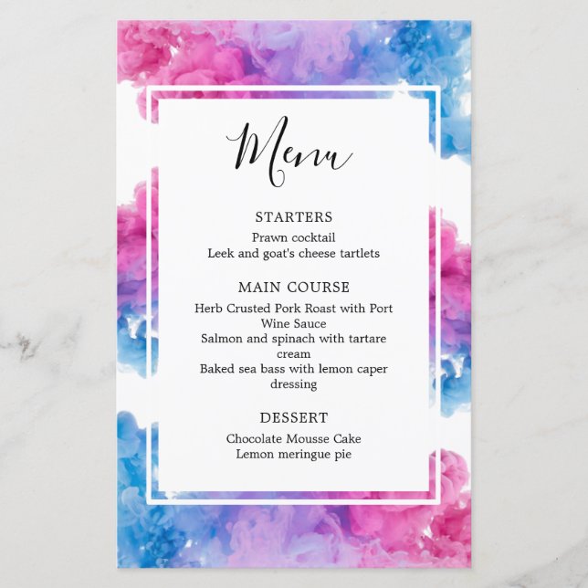 Pink Blue Smoke Gender Reveal Party Food Menu (Front)