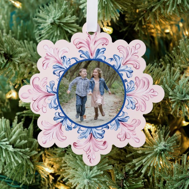 Pink & Blue Snowflake  Photo Tree Decoration Card (Insitu (Tree))